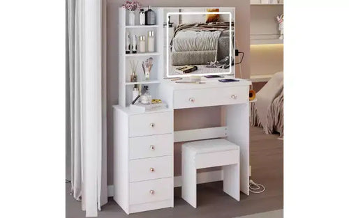 Ensemble de coiffeuse naturelle de 17 pouces avec armoire-miroir pleine longueur et lumières, rangement et tabouret assorti pour chambre à coucher