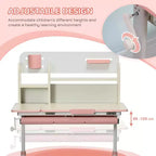 Bureau d'étude pour enfants réglable en hauteur avec plateau inclinable, tiroir et étagère rose