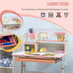 Bureau d'étude pour enfants réglable en hauteur avec plateau inclinable, tiroir et étagère rose