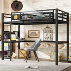 Lit mezzanine en métal Bellemave avec bureau et panneau perforé, horloge et station de charge intégrées, panier de rangement, cadre moderne peu encombrant, tailles Twin XL et Full