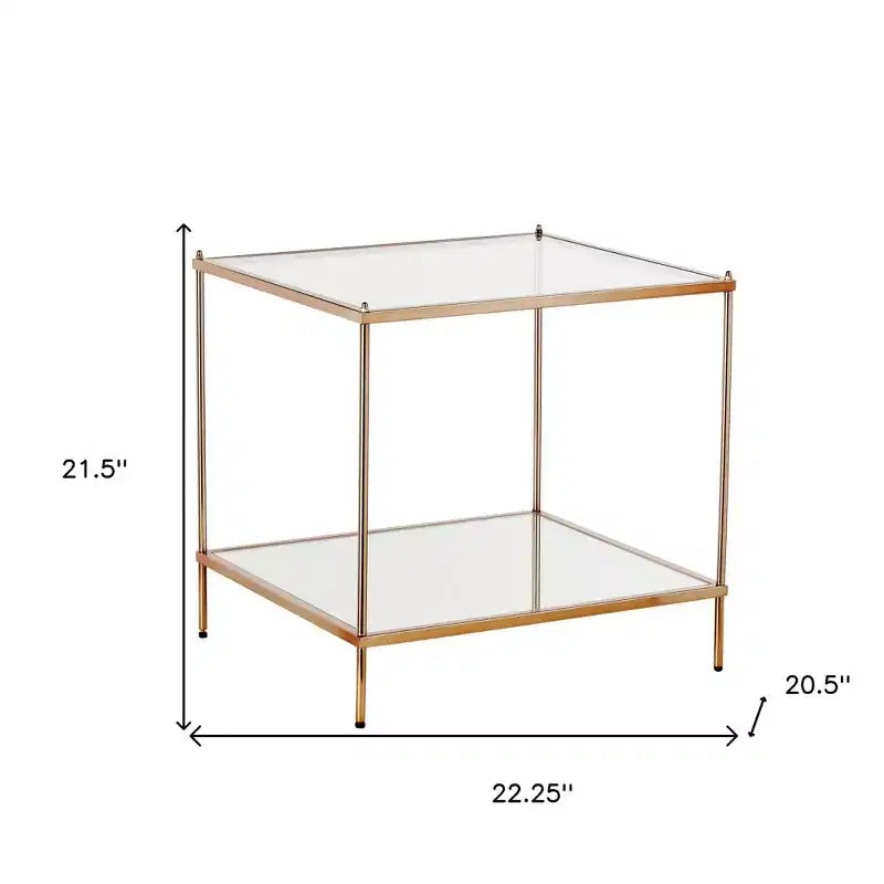 HomeRoots Table d'appoint carrée de 22 po en verre et fer doré et transparent avec étagère