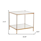 HomeRoots Table d'appoint carrée de 22 po en verre et fer doré et transparent avec étagère