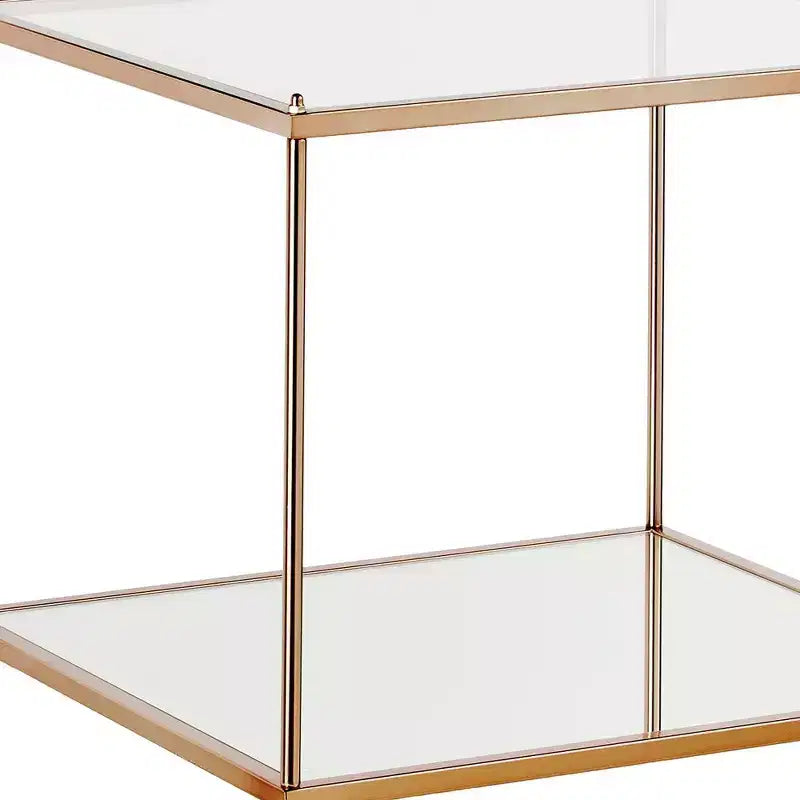 HomeRoots Table d'appoint carrée de 22 po en verre et fer doré et transparent avec étagère