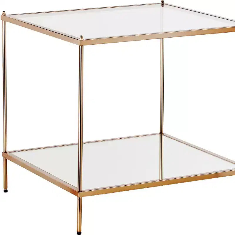 HomeRoots Table d'appoint carrée de 22 po en verre et fer doré et transparent avec étagère