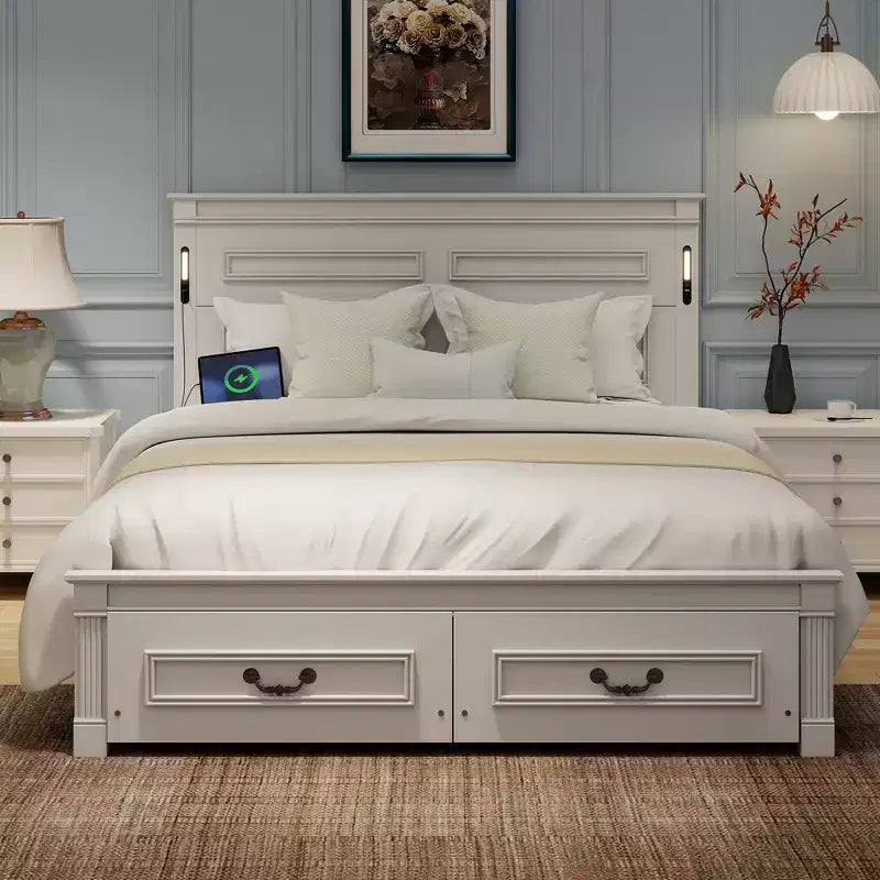 ModernLuxe Lit plateforme Queen/King Size avec tête de lit haute, cadre de lit rustique en bois avec 2 tiroirs, lumières LED et ports USB