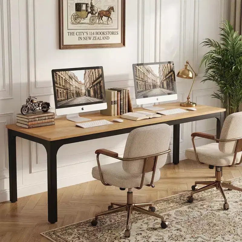 MAYEERTY 78,7 - Bureau double poste industriel extra long, bureau à domicile pour 2 personnes avec cadre métallique robuste, plateau de table en MDF capacité 90 kg