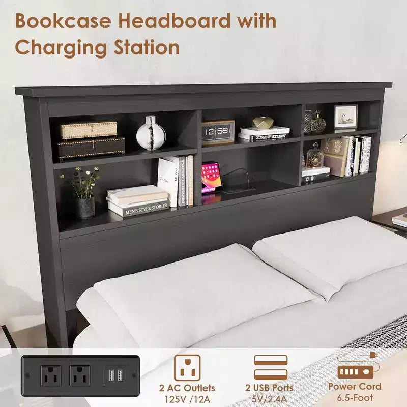 Cadre de lit plateforme en métal avec tête de lit bibliothèque, ports USB et station de recharge, rangement sous le lit, sommier tapissier non nécessaire