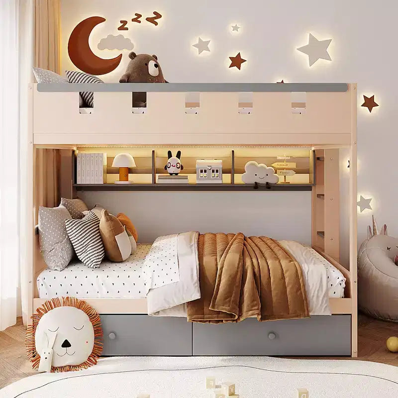 GDFStudio Rivera Castle Style Bunk Bed with 2 Drawers, Shelf and LED