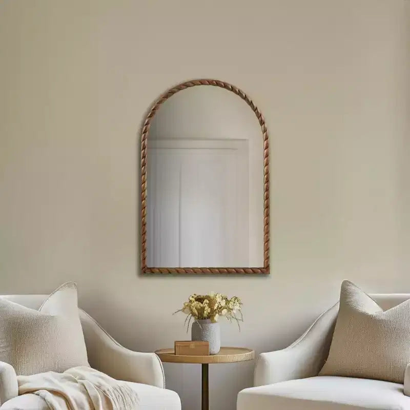 Miroir décoratif mural en arc de 24 x 36 avec cadre élégamment tressé en hévéa, accent moderne pour chambre à coucher, salle de bain, salon-Panipeachy