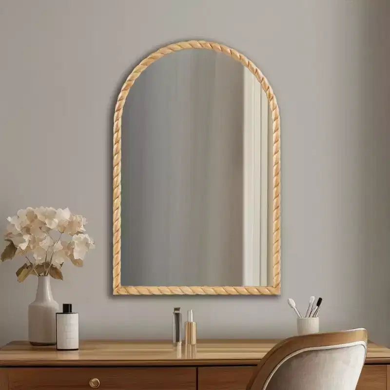 Miroir décoratif mural en arc de 24 x 36 avec cadre élégamment tressé en hévéa, accent moderne pour chambre à coucher, salle de bain, salon-Panipeachy