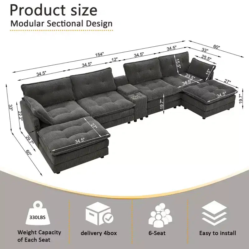 GDFStudio Ara Canapé d'angle moderne en velours côtelé en forme de U avec pouf, port USB et porte-gobelet