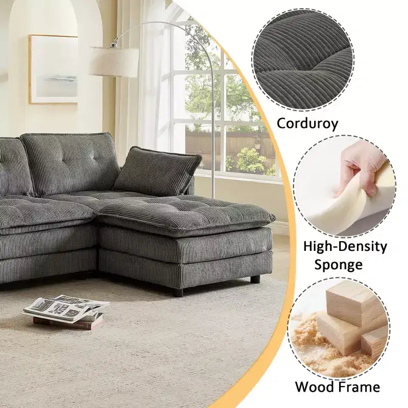GDFStudio Ara Canapé d'angle moderne en velours côtelé en forme de U avec pouf, port USB et porte-gobelet