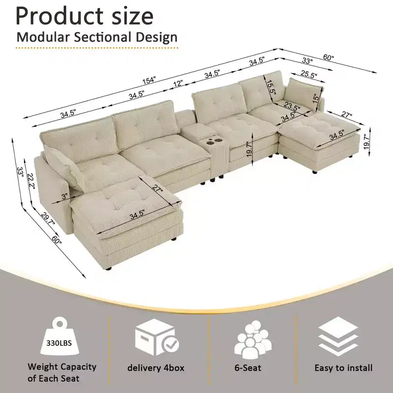 GDFStudio Ara Canapé d'angle moderne en velours côtelé en forme de U avec pouf, port USB et porte-gobelet