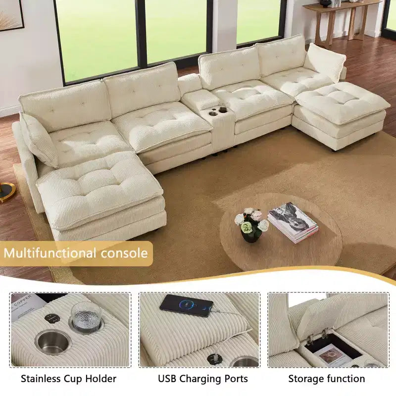 GDFStudio Ara Canapé d'angle moderne en velours côtelé en forme de U avec pouf, port USB et porte-gobelet