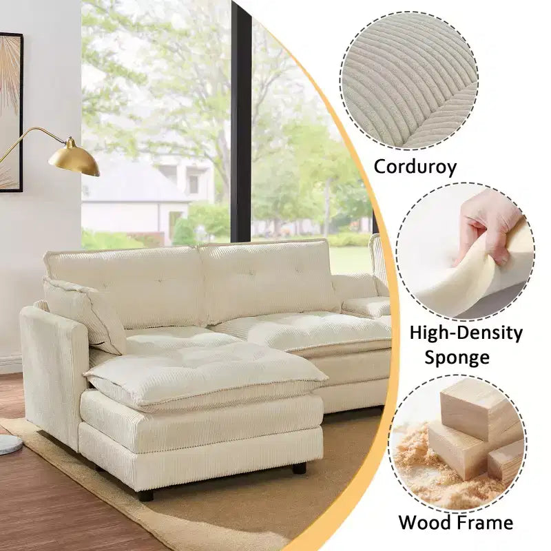 GDFStudio Ara Canapé d'angle moderne en velours côtelé en forme de U avec pouf, port USB et porte-gobelet