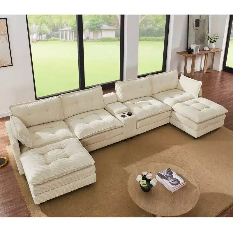 GDFStudio Ara Modern 154 U-Shaped Wooden Corduroy Upholstered Sectional Sofa with Ottoman, USB and Cup Holder