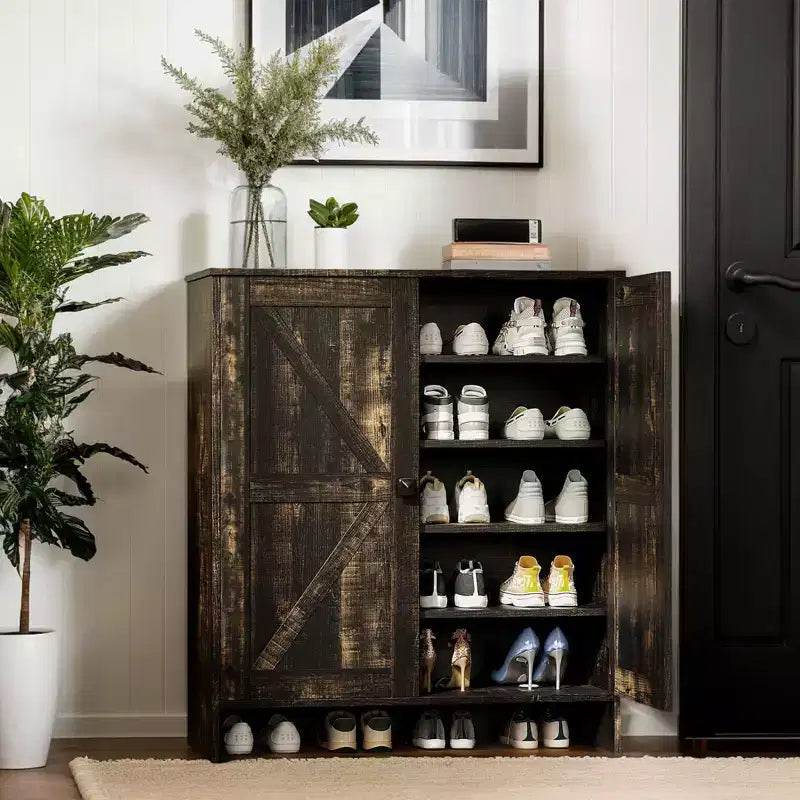 Karl Home Meuble à chaussures 2 portes coulissantes Poignée carrée noire Chêne noir 31,6 pouces