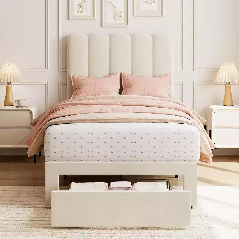 Cadre de lit double avec tiroir de rangement sous le lit, plateforme rembourrée, tête de lit ondulée, support à lattes en bois, pas besoin de sommier, beige