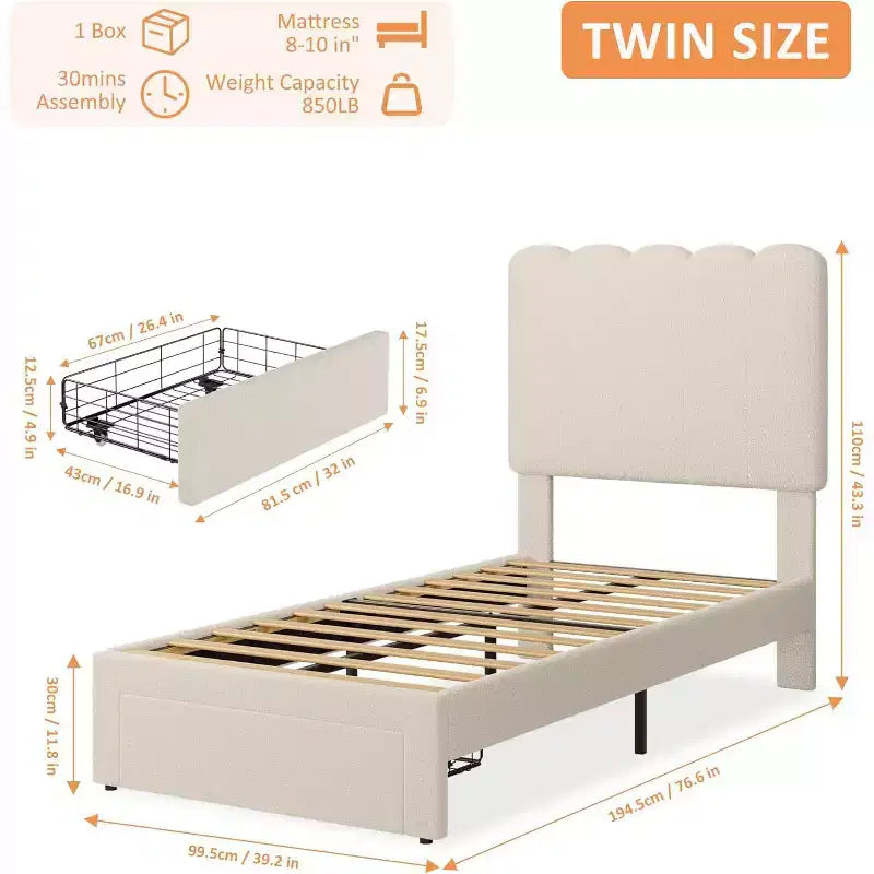 Cadre de lit double avec tiroir de rangement sous le lit, plateforme rembourrée, tête de lit ondulée, support à lattes en bois, pas besoin de sommier, beige