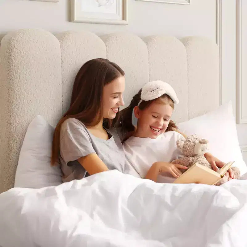 Cadre de lit double avec tiroir de rangement sous le lit, plateforme rembourrée, tête de lit ondulée, support à lattes en bois, pas besoin de sommier, beige