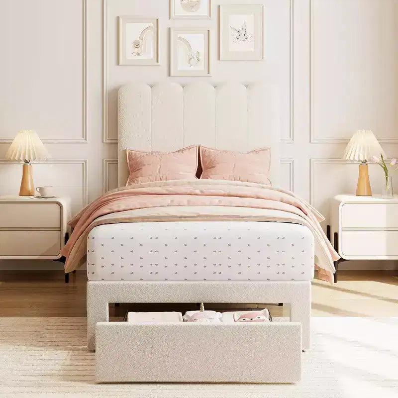 Cadre de lit double avec tiroir de rangement sous le lit, plateforme rembourrée, tête de lit ondulée, support à lattes en bois, pas besoin de sommier, beige