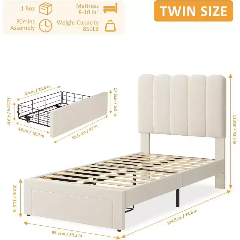 Cadre de lit double avec tiroir de rangement sous le lit, plateforme rembourrée, tête de lit ondulée, support à lattes en bois, pas besoin de sommier, beige