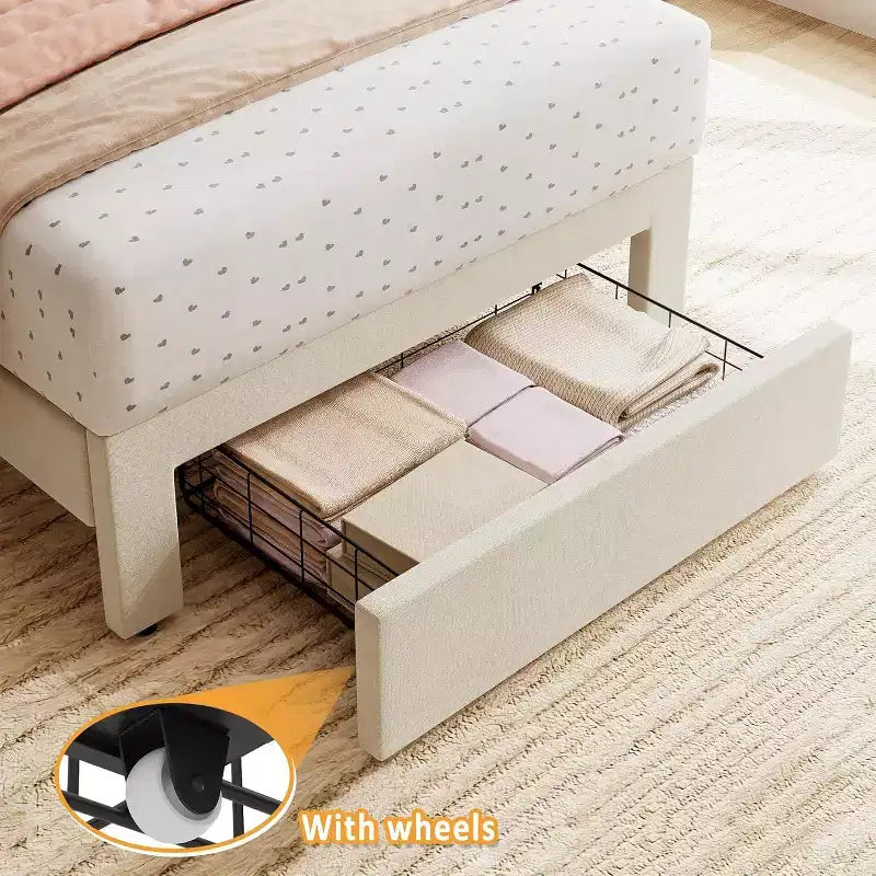 Cadre de lit double avec tiroir de rangement sous le lit, plateforme rembourrée, tête de lit ondulée, support à lattes en bois, pas besoin de sommier, beige