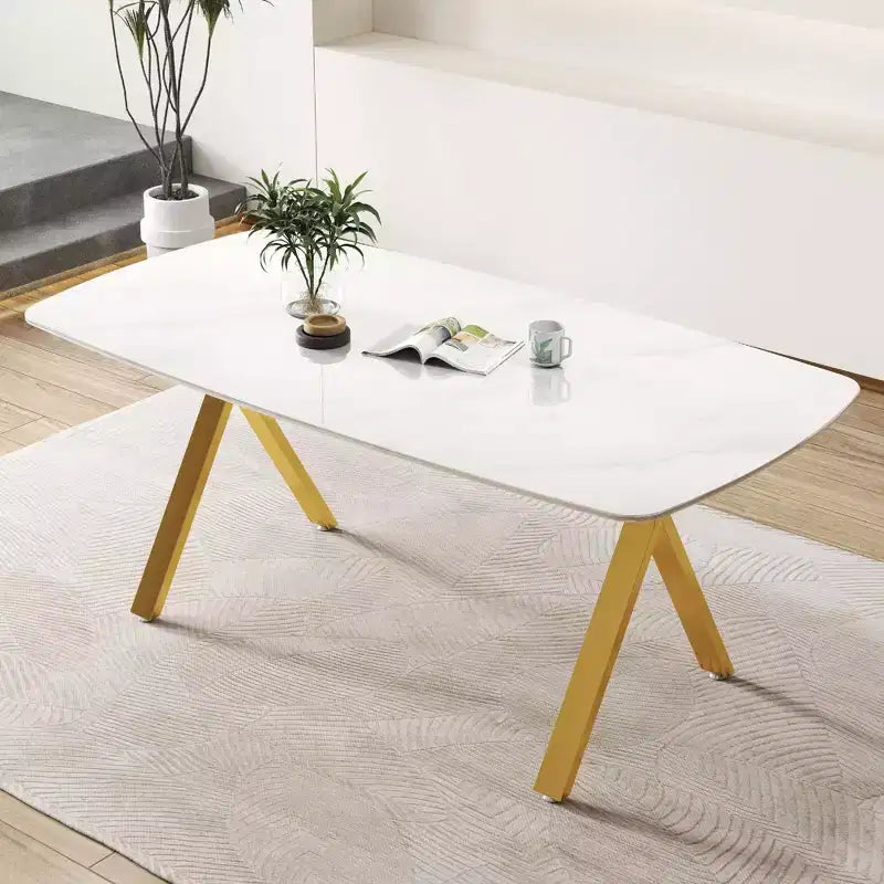 Table de salle à manger rectangulaire GDFStudio Daniela moderne en verre trempé avec motif marbre et pieds en métal