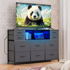 Commode de rangement à 10 tiroirs avec support TV, bande lumineuse LED et prises électriques, commode en tissu avec plateau en bois, meuble TV pour téléviseur de 55 pouces, commode de rangement