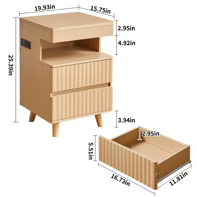 Table de Chevet Moderne avec 2 Tiroirs et Rangement Sécurisé, Charge USB, pour Chambre à Coucher et Salon