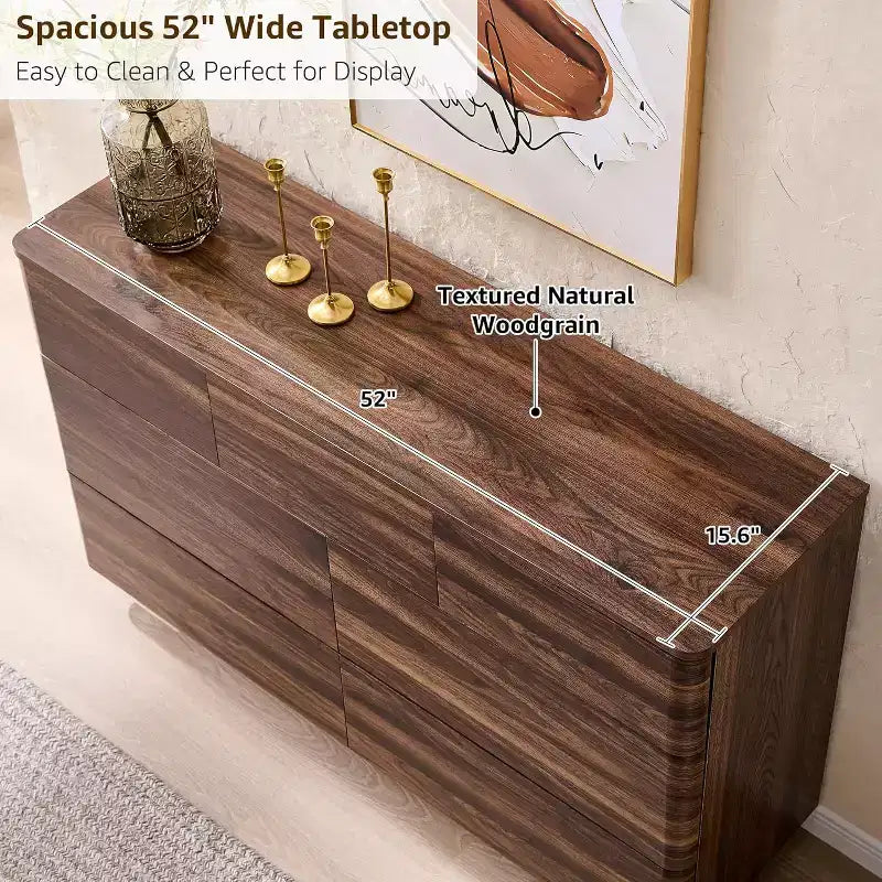Commode à 7 tiroirs, commode en bois de 52" de large, design moderne sans poignée, grande commode de chambre à coucher avec meuble TV et organisateur de rangement