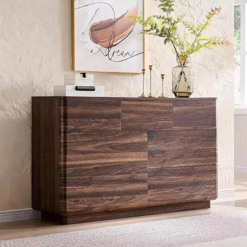 Commode à 7 tiroirs, commode en bois de 52" de large, design moderne sans poignée, grande commode de chambre à coucher avec meuble TV et organisateur de rangement