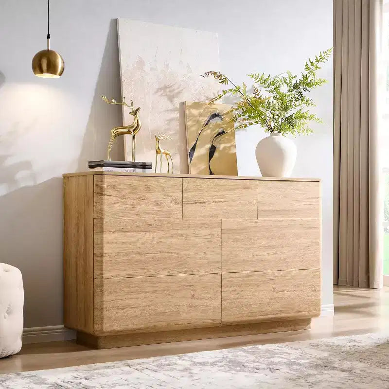 Commode à 7 tiroirs, commode en bois de 52" de large, design moderne sans poignée, grande commode de chambre à coucher avec meuble TV et organisateur de rangement