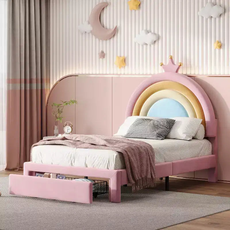 Bellemave Upholstered Princess Platform Bed Frame with Storage Drawers, Rabbit Headboard & LED Lights, Pink, Twin/Full Size Girls Bed