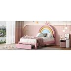 Lit plateforme de princesse Bellemave tapissé avec tiroirs de rangement, tête de lit lapin et lumières LED, rose, lit de fille double/grand.