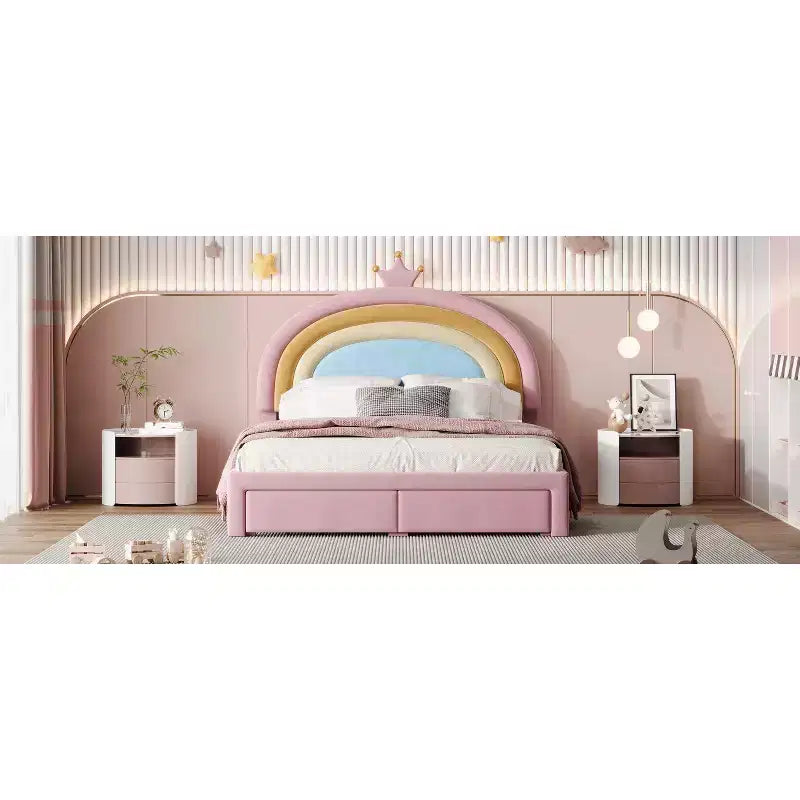 Lit plateforme de princesse Bellemave tapissé avec tiroirs de rangement, tête de lit lapin et lumières LED, rose, lit de fille double/grand.