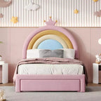 Lit plateforme de princesse Bellemave tapissé avec tiroirs de rangement, tête de lit lapin et lumières LED, rose, lit de fille double/grand.