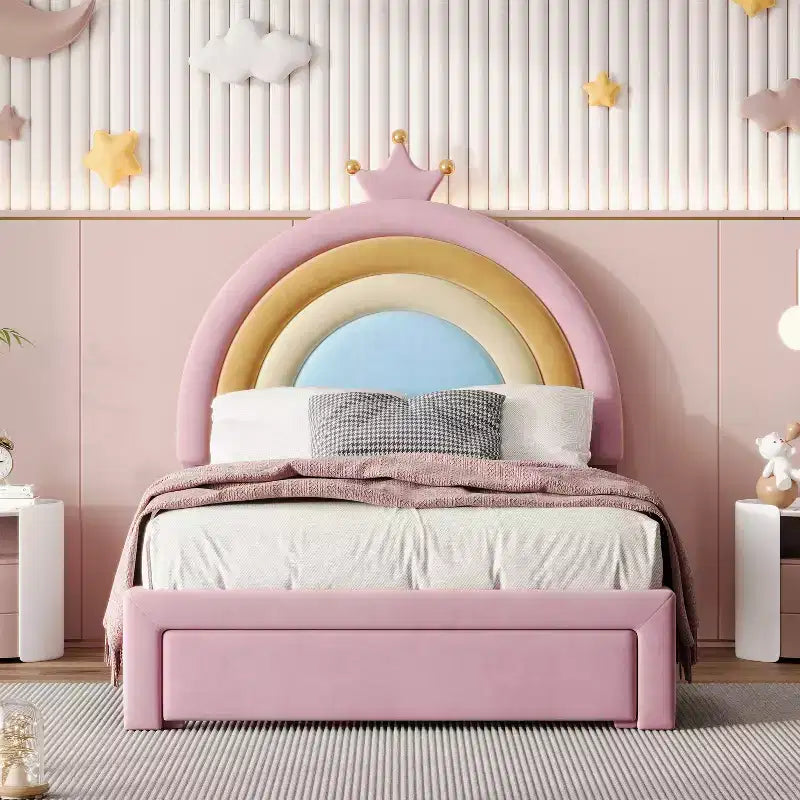 Lit plateforme de princesse Bellemave tapissé avec tiroirs de rangement, tête de lit lapin et lumières LED, rose, lit de fille double/grand.