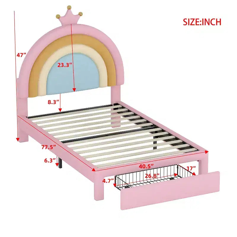 Lit plateforme de princesse Bellemave tapissé avec tiroirs de rangement, tête de lit lapin et lumières LED, rose, lit de fille double/grand.