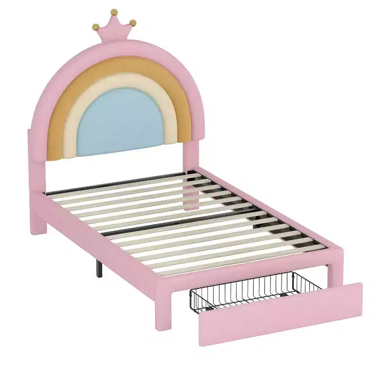 Lit plateforme de princesse Bellemave tapissé avec tiroirs de rangement, tête de lit lapin et lumières LED, rose, lit de fille double/grand.