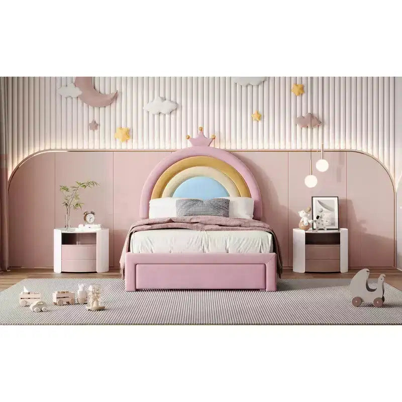 Lit plateforme de princesse Bellemave tapissé avec tiroirs de rangement, tête de lit lapin et lumières LED, rose, lit de fille double/grand.