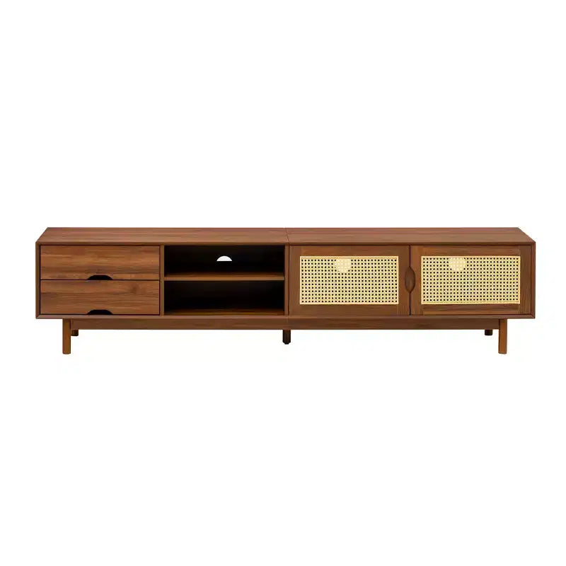 Meuble TV 79" pour téléviseurs jusqu'à 85", console TV meuble multimédia Meuble TV noyer avec portes et tiroirs à fermeture douce en rotin - ModernLuxe