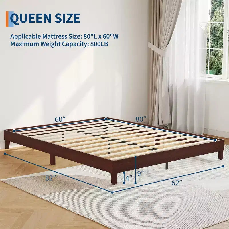 Cadre de lit Queen Size, plateforme en bois naturel robuste de 9 pouces sans tête de lit, sommier en bois avec support à lattes solides