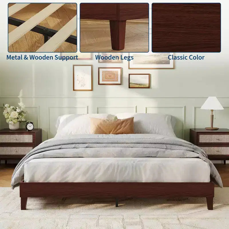 Cadre de lit Queen Size, plateforme en bois naturel robuste de 9 pouces sans tête de lit, sommier en bois avec support à lattes solides