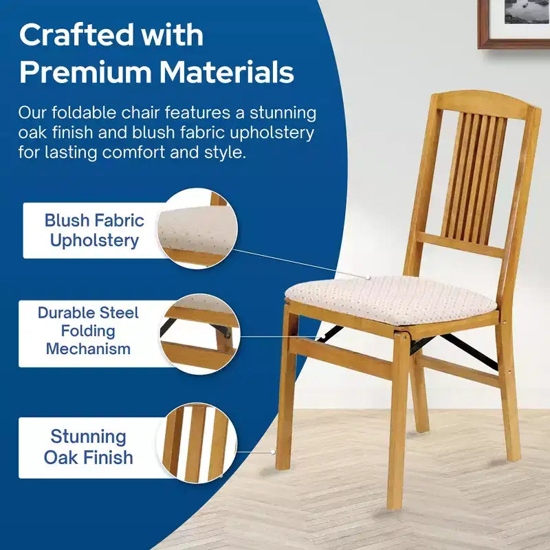 Lot de 2 chaises pliantes MECO Stakmore, assise rembourrée en tissu Blush, bois de chêne
