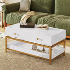 Farmhouse Contemporary Wood Coffee Table with Drawer and Open Shelf for Living Room Office