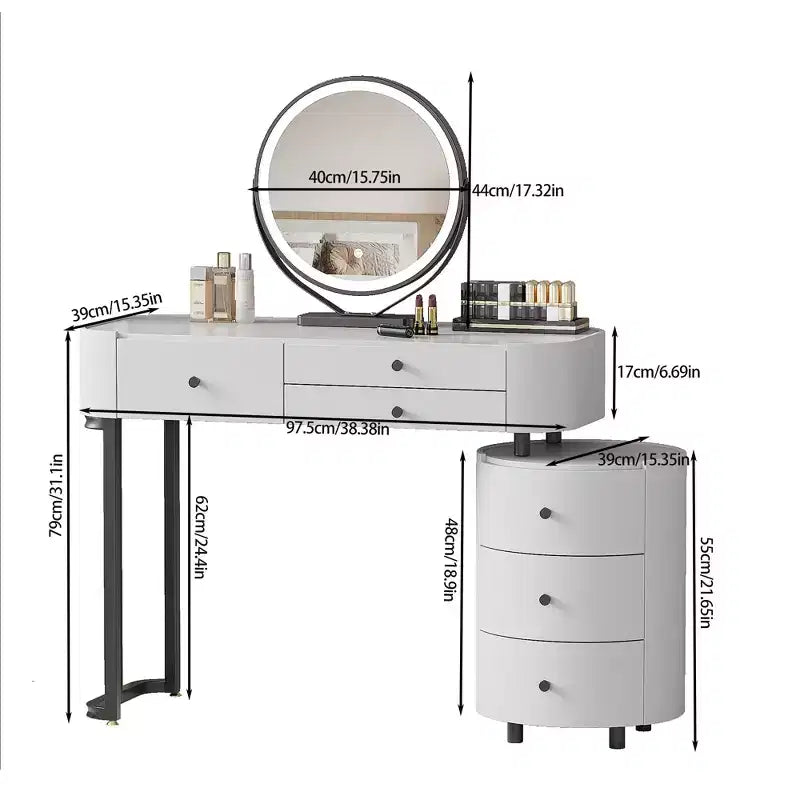 GDFStudio Mino Coiffeuse moderne avec miroir détachable, 6 tiroirs et côté rotatif