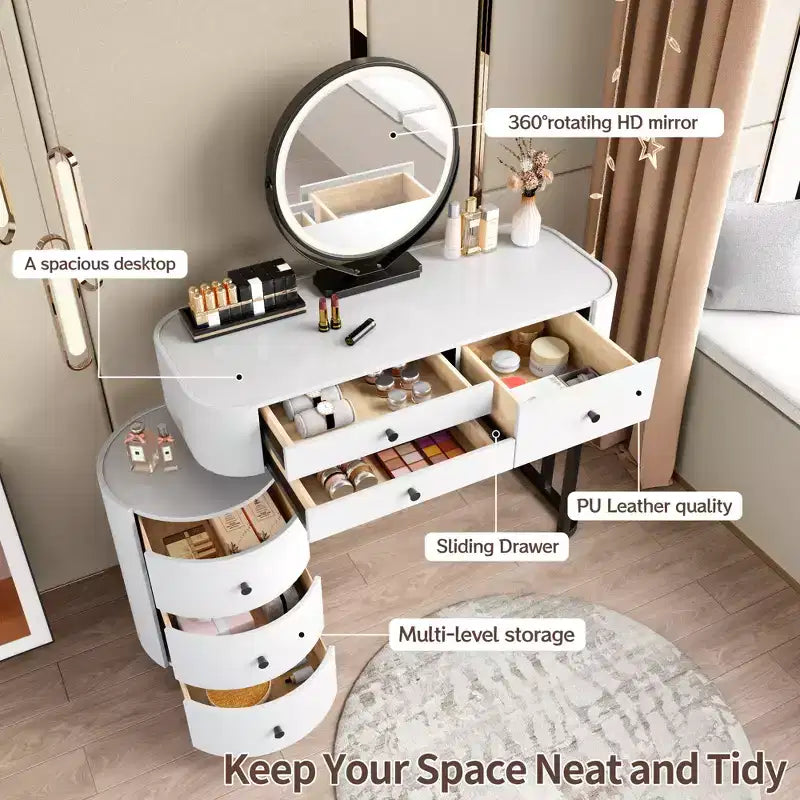 GDFStudio Mino Coiffeuse moderne avec miroir détachable, 6 tiroirs et côté rotatif