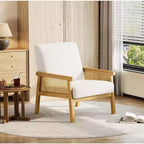 Fauteuil d'appoint moderne bohème en tissu de laine d'agneau avec accoudoirs en rotin, robuste et confortable, fauteuil de salon rembourré à dossier haut pour le salon