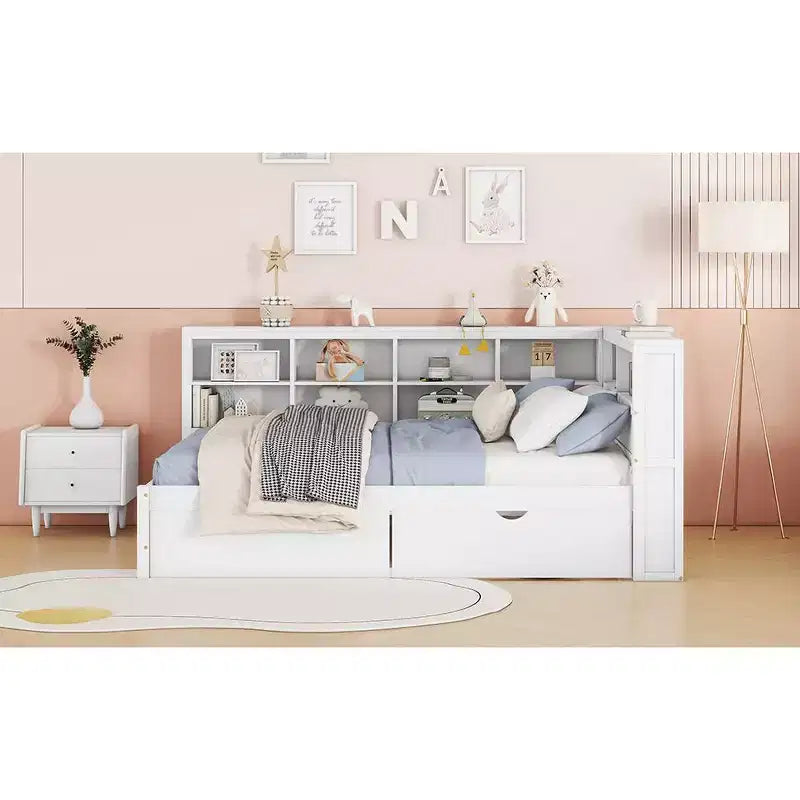 Lit de repos double en bois avec 2 tiroirs, étagère de rangement et ports de chargement USB, Blanc